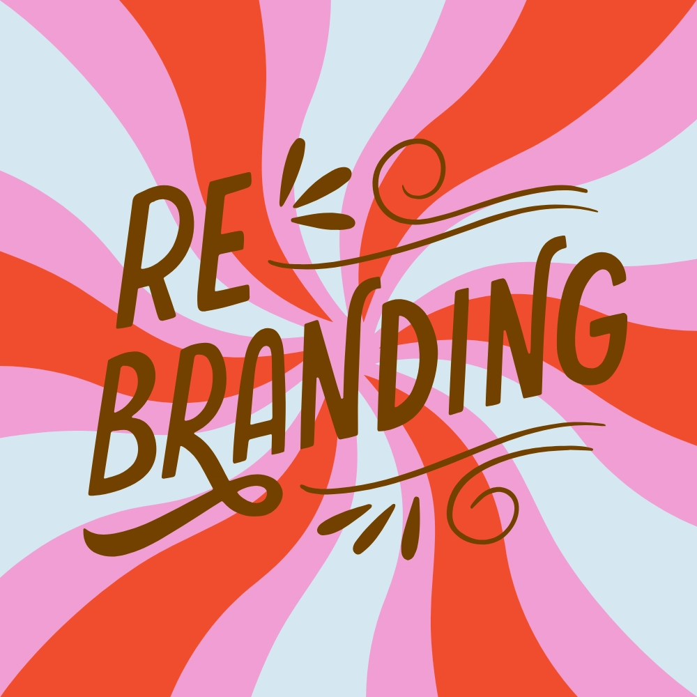 scritta marrone ' Re Branding' che esce da un vortice colorato