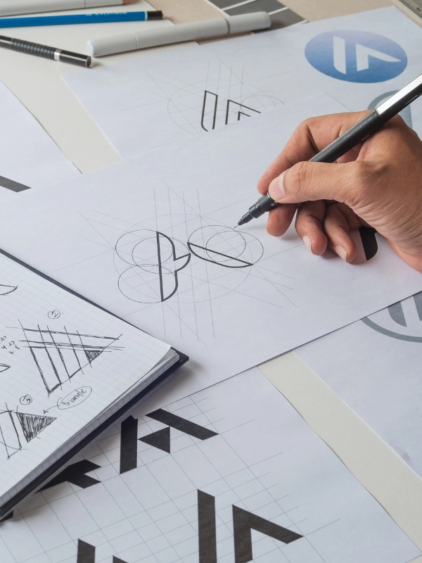 logo-restyling grafico che effettua su un foglio il restyling di un logo a penna